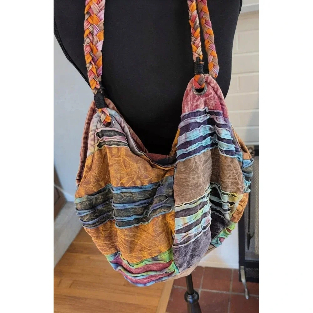 BOHO Purse with Braided Shoulder Straps Super Cute Cotton Blend Hobo Design